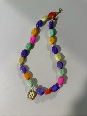 Chunky Stone Necklace with Gold J Pendant